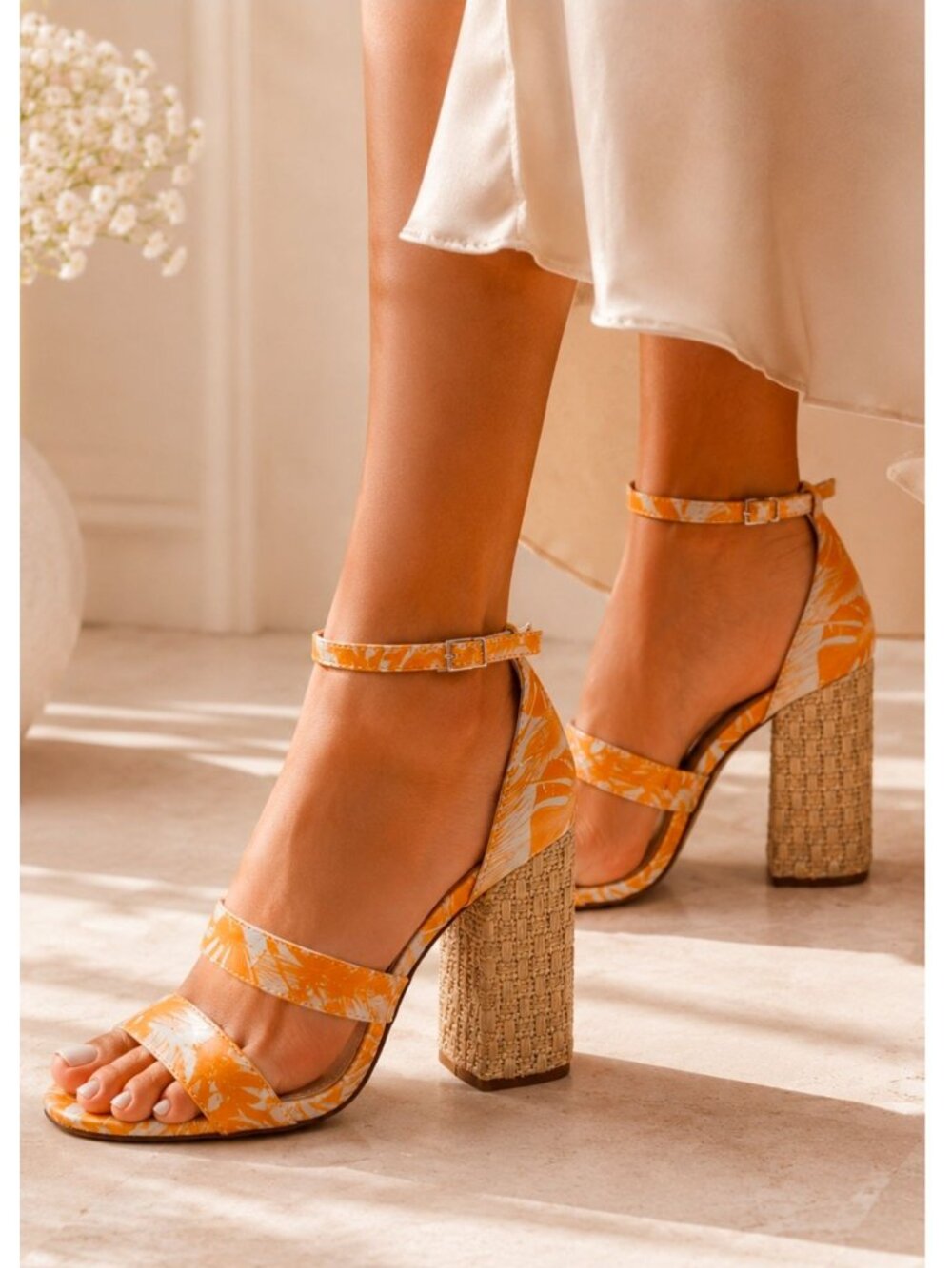 Orange Palm-Print Block Heel Sandals With Cork Texture & Adjustable Ankle Strap